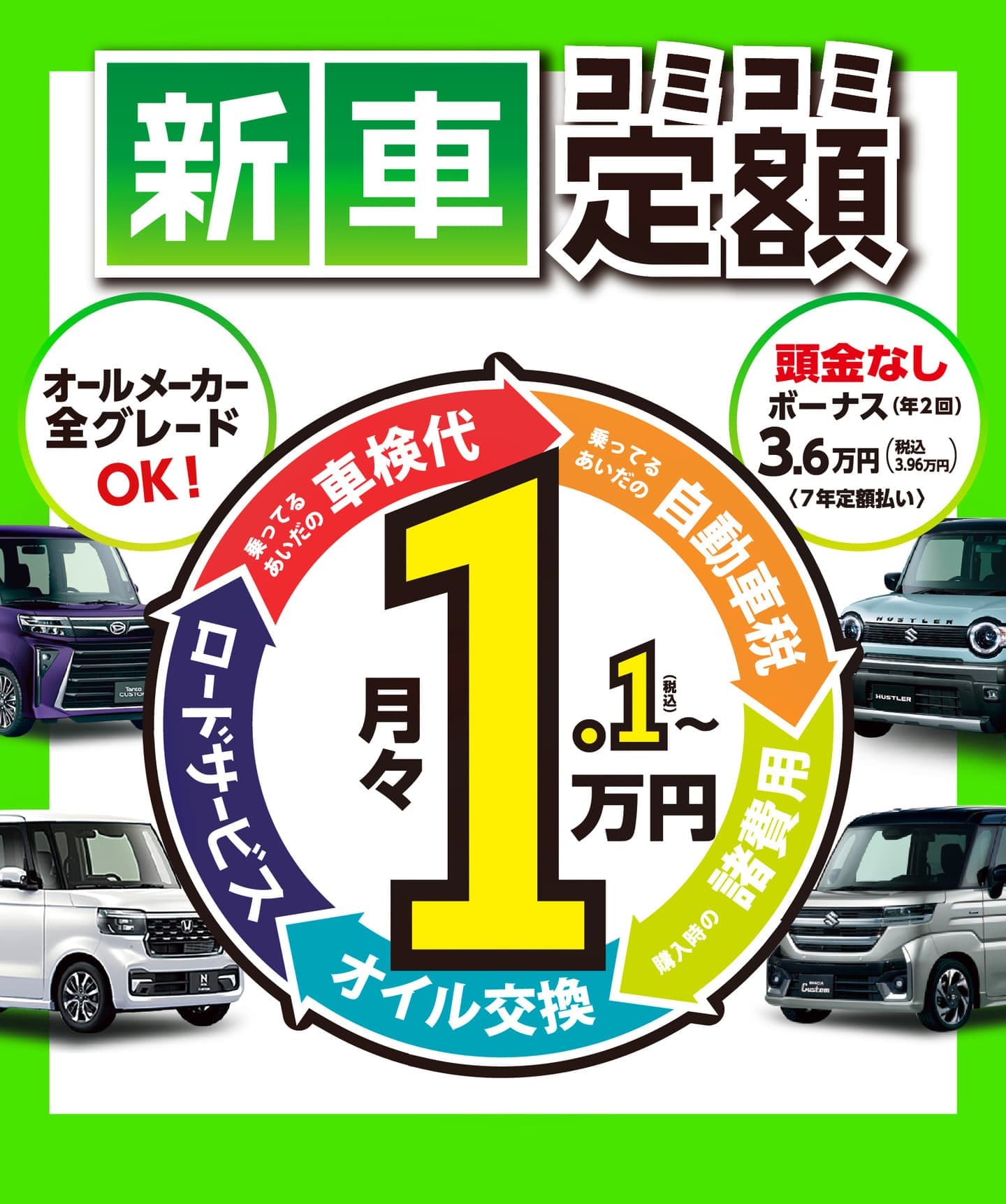 新車の軽がコミコミ定額月々1.1万円~